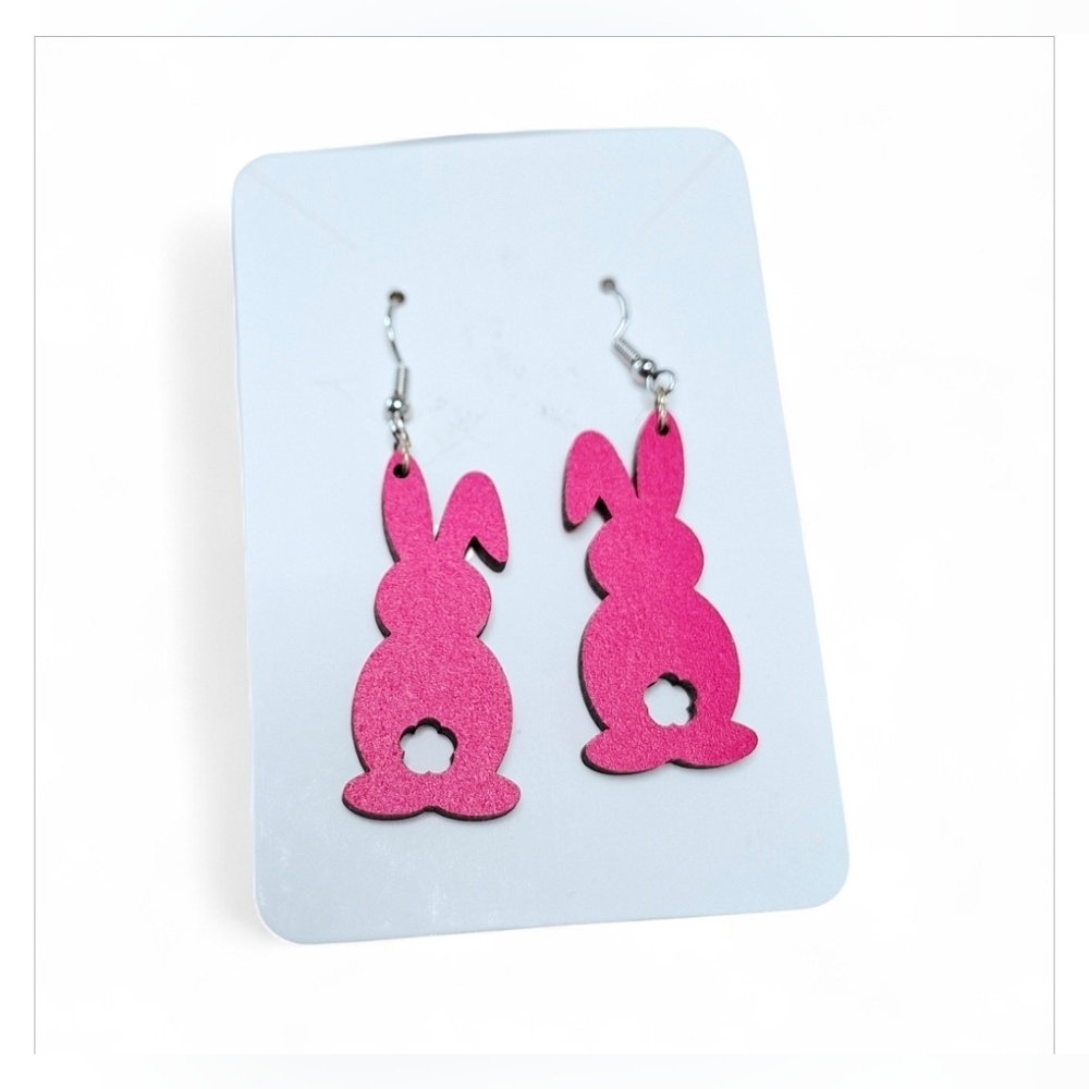 Women's Magenta Pink Wood Easter Bunny Earrings